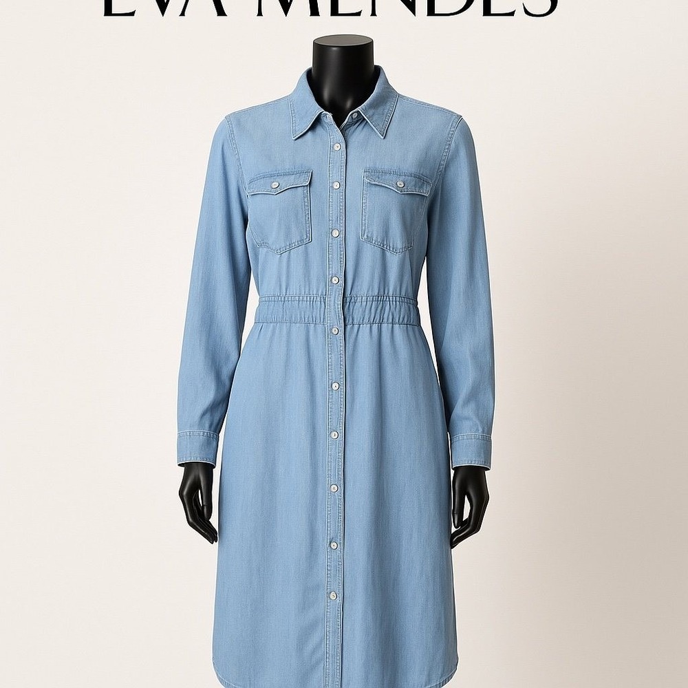 Eva Mendes Denim Shirt Dress Size 8 Snap Front Long‎ Sleeve Chambray Midi